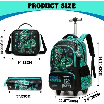 Conjunto escolar dinossauro com mochila, lancheira e estojo, dimensões indicadas