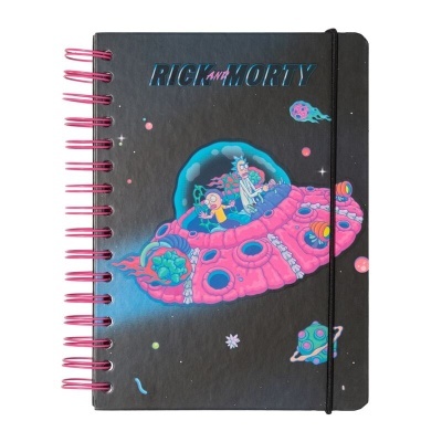 Caderno espiral preto com ilustração Rick and Morty e fecho elástico