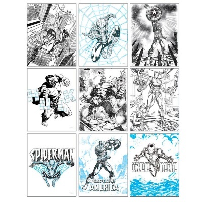 Nove desenhos em preto e branco e azul com personagens Spider-Man, Captain America e Iron Man e textos dos seus nomes.
