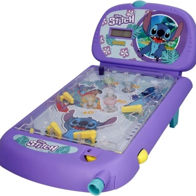 Jogo de Pinball portátil roxo com tema Stitch da Disney e visor digital.