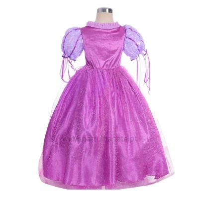 Vestido de criança cor de rosa com mangas bufantes lilás e saia volumosa brilhante