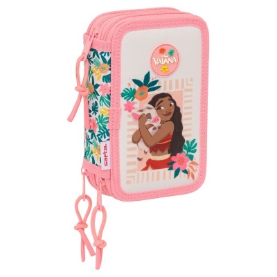 Estojo escolar cor-de-rosa com desenho de Vaiana e flores