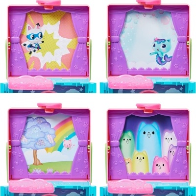 Brinquedo infantil com quatro cenários coloridos de personagens desenhados.