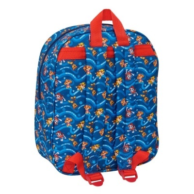 Mochila infantil azul com alças vermelhas e padrão de cães animados