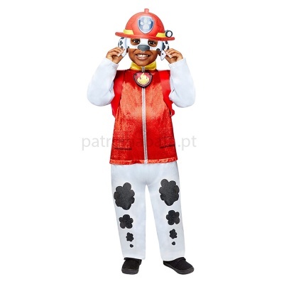 Fato de bombeiro infantil com colete vermelho e calças brancas com manchas pretas.