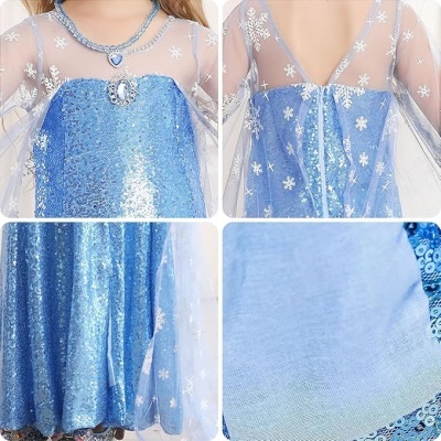 Vestido azul brilhante com mangas transparentes com flocos de neve brancos