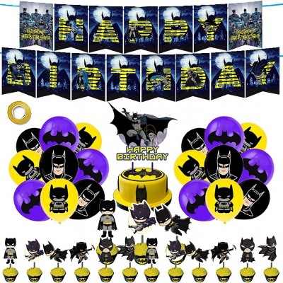 Conjunto de festa infantil Batman com guirlanda Happy Birthday, balões, bolo e enfeites em amarelo, preto e roxo