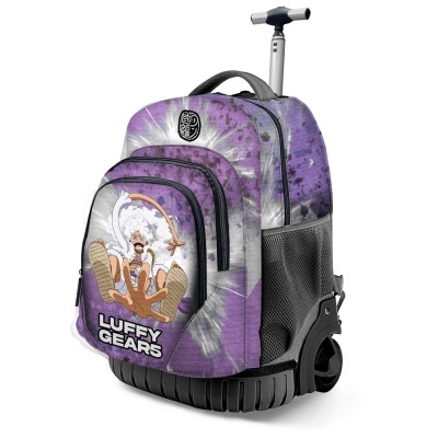 Mochila de rodinhas roxa com estampa do personagem Luffy e texto LUFFY GEARS