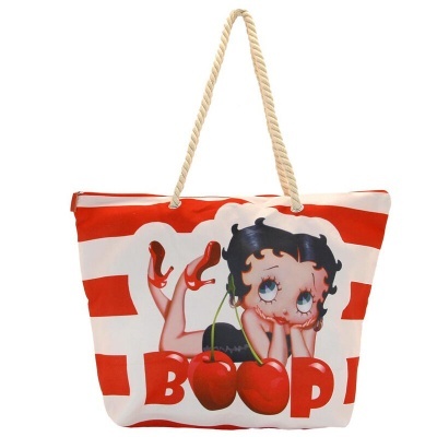 Saco de praia com riscas vermelhas e brancas, alças de corda e imagem da Betty Boop com cerejas