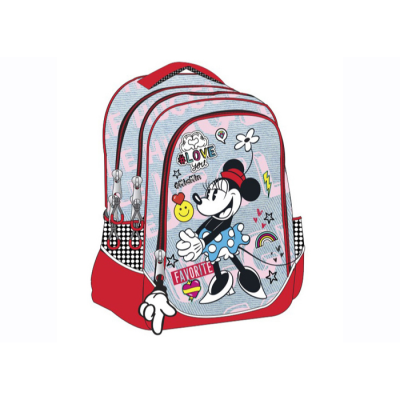 Mochila escolar com padrão de corações e personagem Minnie vestida de azul