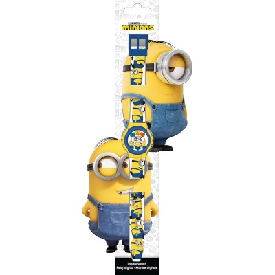 Relógio digital dos Minions com bracelete azul e amarelo em embalagem branca