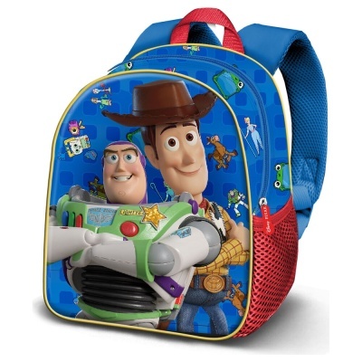 Mochila infantil Toy Story com personagens Woody e Buzz Lightyear em azul, vermelho e amarelo.