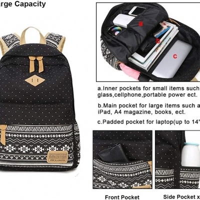 Mochila preta com padrão branco e bolsos acolchoados