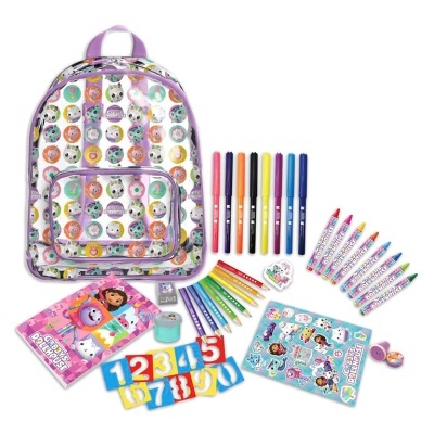 Mochila infantil colorida com material de desenho e atividades educativas