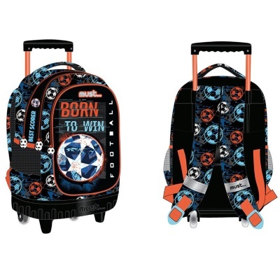 Mochila de rodas infantil com estampas de bolas de futebol e texto motivacional