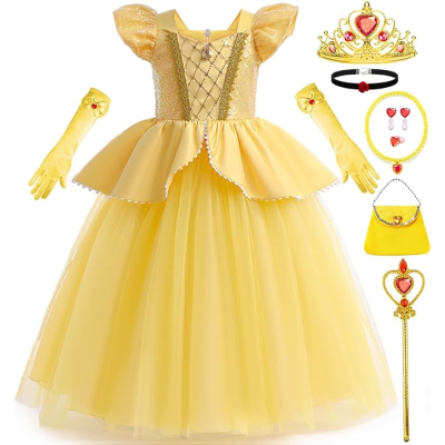 vestido princesa amarelo com acessórios como luvas, diadema, colar, brincos, pulseira, bolsa e cetro