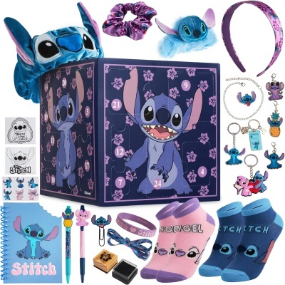 Conjunto de produtos Stitch com vários acessórios e caixa decorada