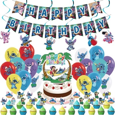 Decoração de festa temática Stitch com faixa HAPPY BIRTHDAY, balões, cupcakes e topo de bolo