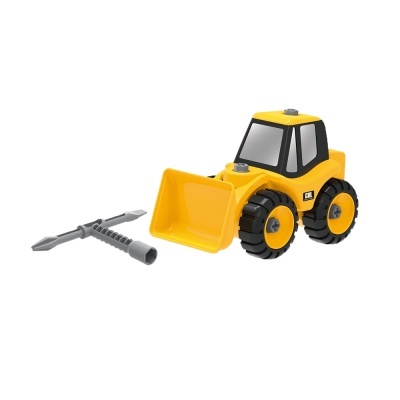 Brinquedo de escavadora amarela com ferramentas cinza