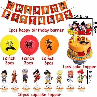 Conjunto de decoração de aniversário Dragon Ball com faixa, balões, topper de bolo e toppers para cupcakes
