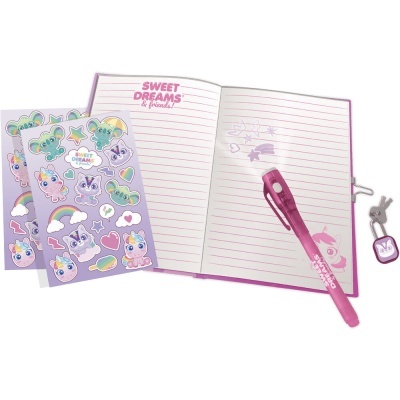 Caderno lilás aberto com caneta rosa, autocolantes coloridos e cadeado com chave