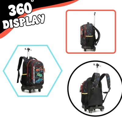 mochila de rodinhas com estampa de carros coloridos e alça extensível