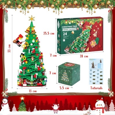 Calendário Advento árvore de Natal construível com peças de plástico verdes e decoradas, embalagem e instruções