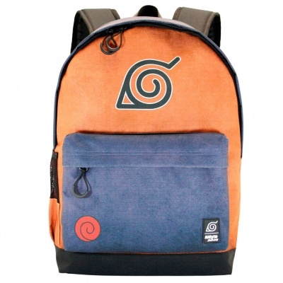 Mochila laranja e azul com símbolo de espiral e etiqueta Naruto