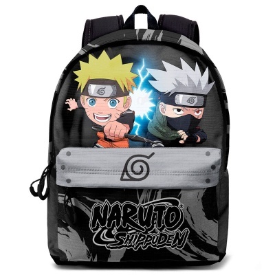 Mochila preta com personagens Naruto Shippuden e bolso frontal cinzento