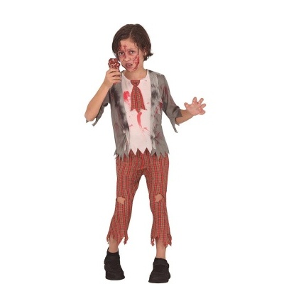 Criança com fantasia de zumbi em fundo branco