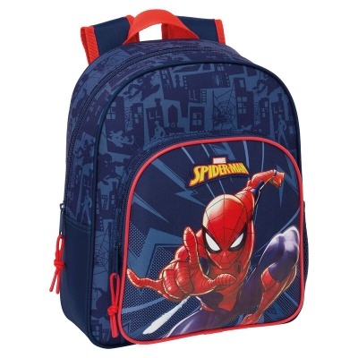 Mochila azul escura com imagem do Homem-Aranha e alças vermelhas