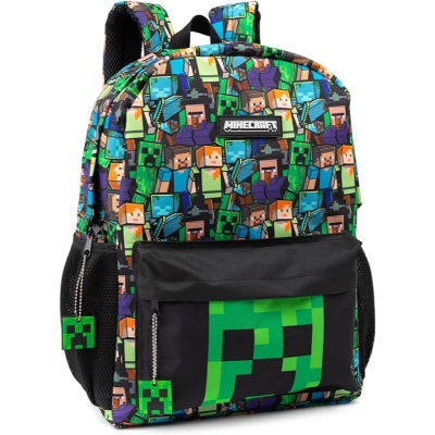 Mochila Minecraft colorida com padrão pixelizado e bolso frontal preto com padrão verde