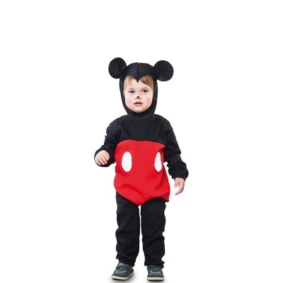 Fato de criança preto e vermelho com orelhas redondas pretas no capuz