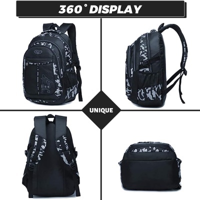 Mochila preta com padrão camuflado cinza vista de quatro ângulos diferentes