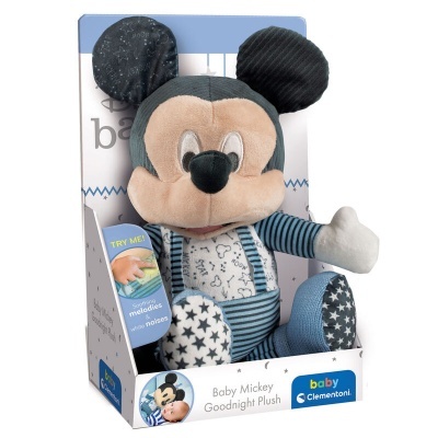 Pelucia Baby Mickey Goodnight Plush azul e bege com padrão de estrelas e riscas em embalagem da Clementoni