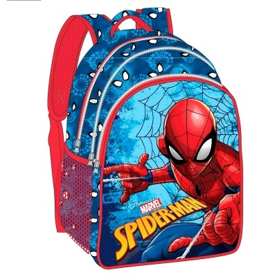 Mochila infantil Spider-Man azul e vermelha com padrão de teia de aranha