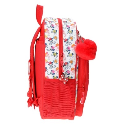 Mochila infantil vermelha com padrões de Mickey e Minnie Mouse