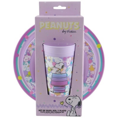 Conjunto infantil de vaso, bacia e prato com personagens Peanuts