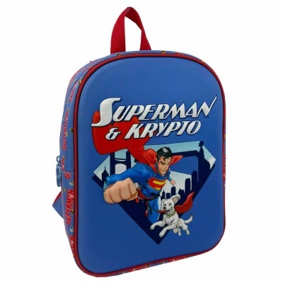 Mochila infantil azul com estampa do Superman e cão