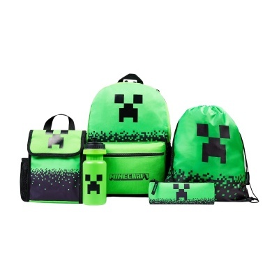 Conjunto de mochila, lancheira, garrafa, saco e estojo verde com padrão e rosto Creeper de Minecraft