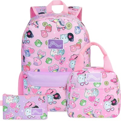 Conjunto rosa e lilás com mochila, saco de mão e estojo com padrão de desenhos animados e texto