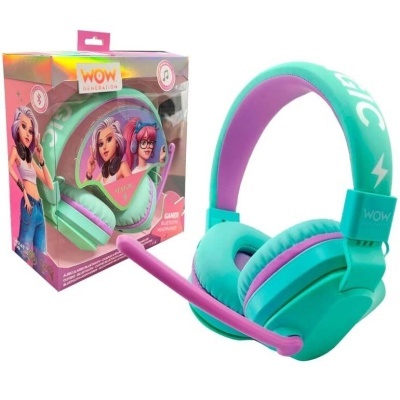 Auriculares de jogos verdes com microfone e embalagem colorida