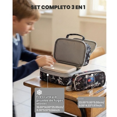 Conjunto escolar 3 em 1 com estojo e caixa estampados com tema espacial