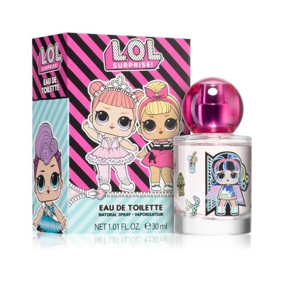 Frasco de perfume LOL Surprise com embalagem com personagens e texto