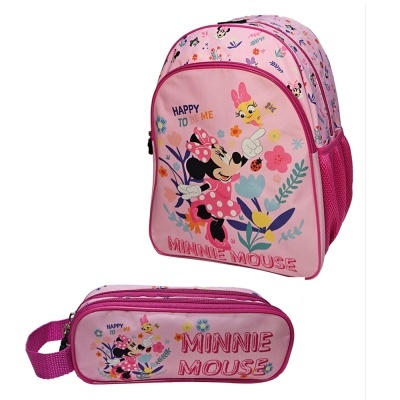 Mochila e estojo rosa com imagem de Minnie Mouse e textos HAPPY TO ME e MINNIE MOUSE