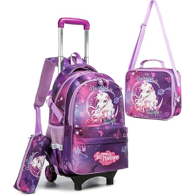 Conjunto escolar com mochila roxa com rodinhas, lancheira e estojo com estampas de unicórnio