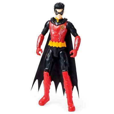 Figura de ação do super-herói Robin com fato vermelho e preto e capa preta