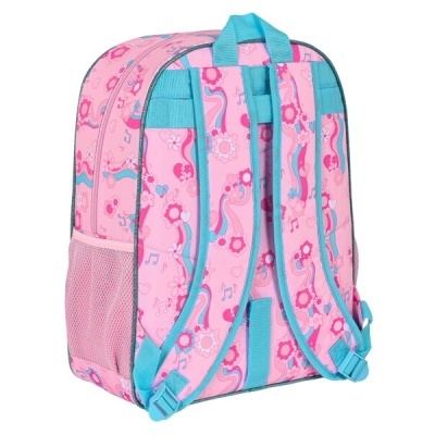 Mochila cor-de-rosa com padrão floral e detalhes azuis, vista das costas