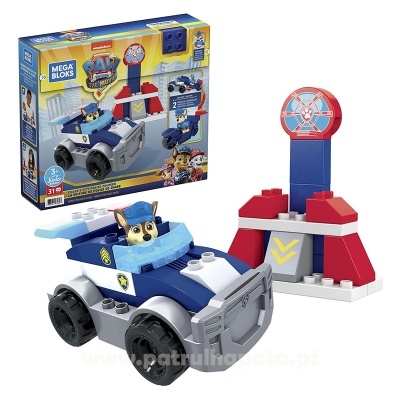 Conjunto Mega Bloks com carrinho azul e figura do cão Chase da patrulha canina