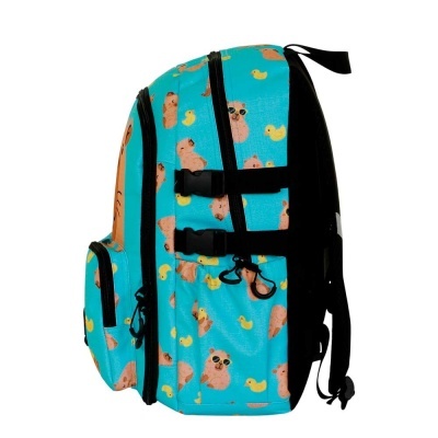 Mochila azul com estampado de ursos e patos, vista lateral